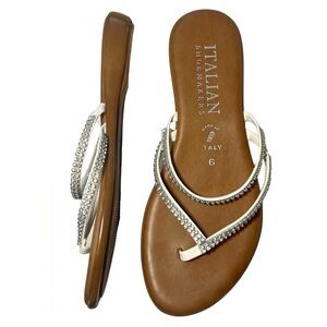 Italian Shoemakers Jojo Bling Thong Sandals Rhinestone White Brown 6